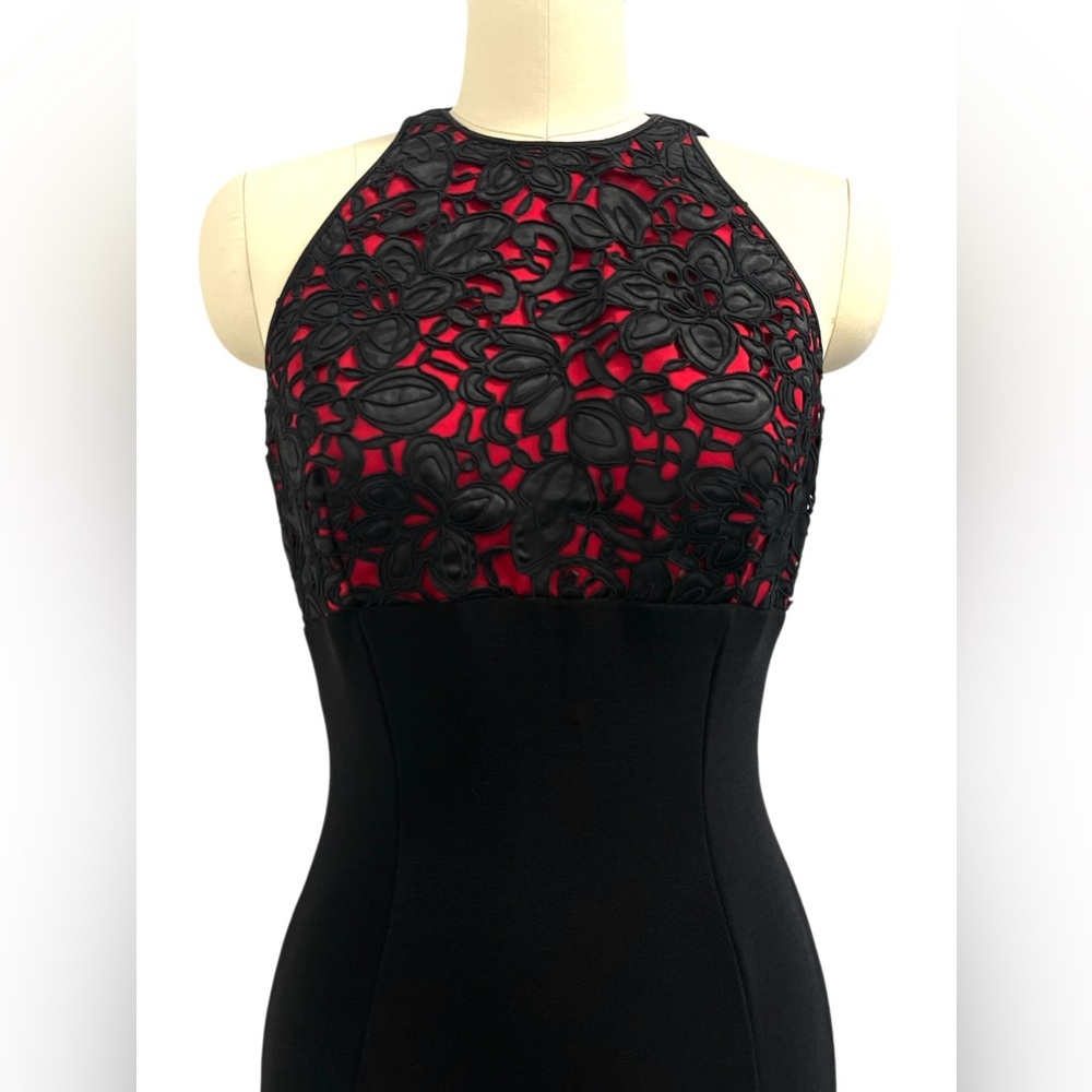 Vintage 90s Y2K Tadashi Slim Maxi Dress Sz S M Red Rose Lace Bodice Black Knit